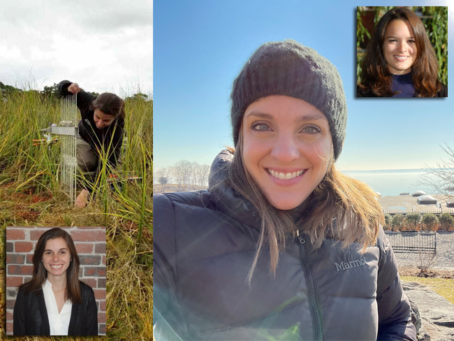 Elizabeth Hornstein conducts surface elevation table readings of a salt marsh and is pictured smiling in another photo. Sara Powell is pictured in a selfie during a site visit to Manor Park, overlooking Long Island Sound in Larchmont, NY. Sarah Schaefer-Brown is pictured in a headshot.